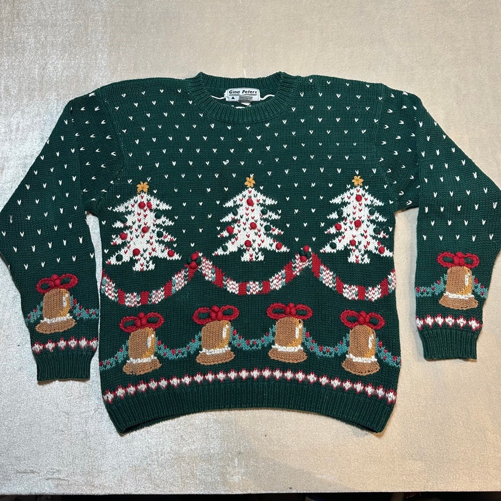 Vintage Gina Peters Christmas Sweater Women's Medium Trees Bells Green